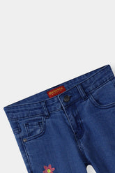 Girls Mid Blue Flare Flower Embroidered Pant